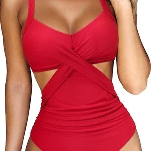 Amazon Red One Piece Swimsuit with Criss-Cross Design